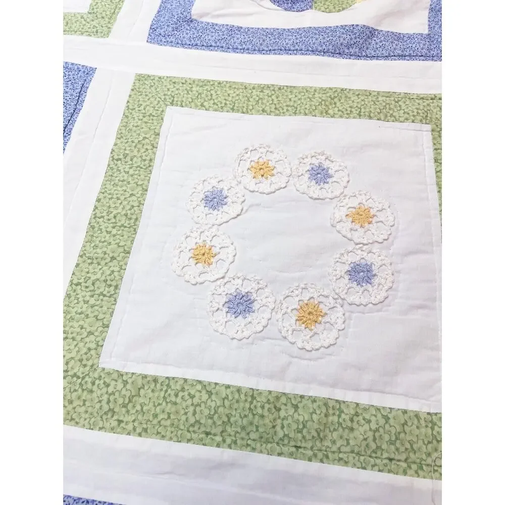 Handmade Full Size Blue Yellow Green Floral Quilt Scallop Doily Reversible